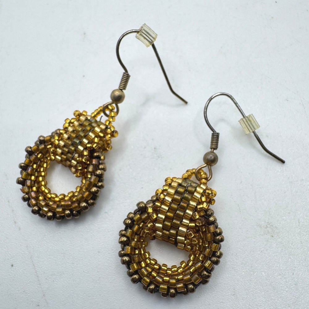 Handmade Gold Bronze Beaded Drop Earrings Woven Seed Bead Boho Dangle